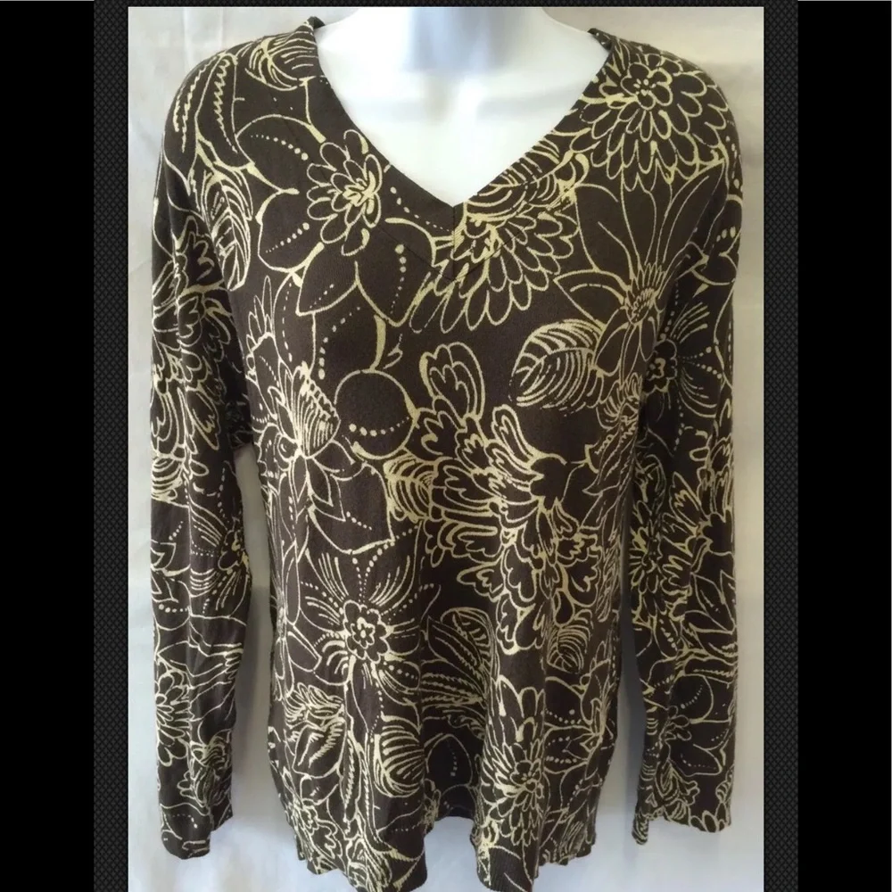 CHICOS Sweater Top V Neck Brown Gold Soft Floral Long Sleeve